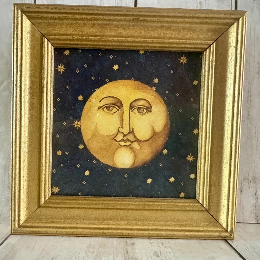 Vintage 90s Mary Beth Zeitz Celestial Man in the Moon Framed Gold Wall Art 7x7